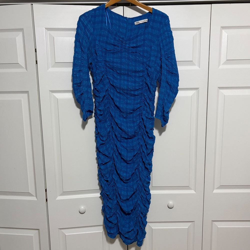 New Zara Ruched Midi Dress Womens XL Blue Fitted Body Con Party Cocktail Core